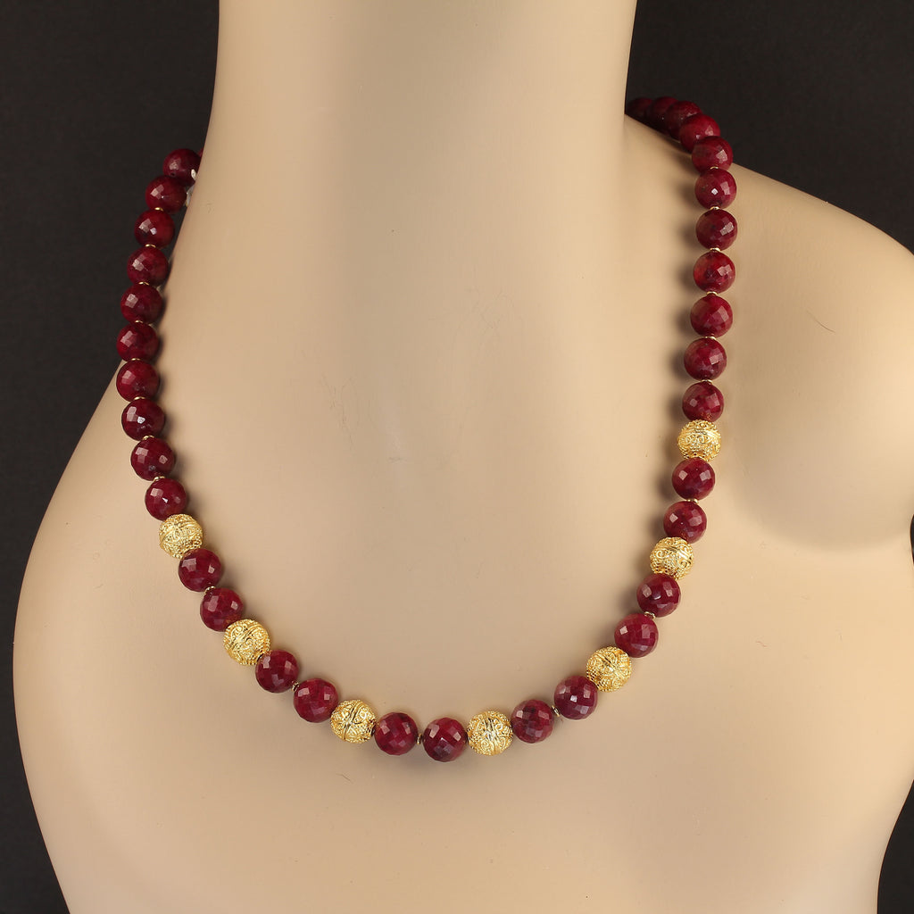 Elegant faceted Ruby beaded necklace with goldy accents 21 Inches