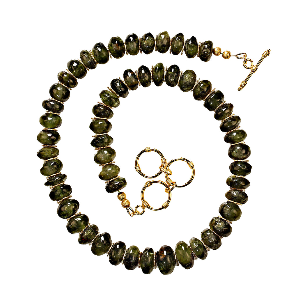 Unique 19 Inch Graduated Green Garnet Rondelle Necklace with goldy accents