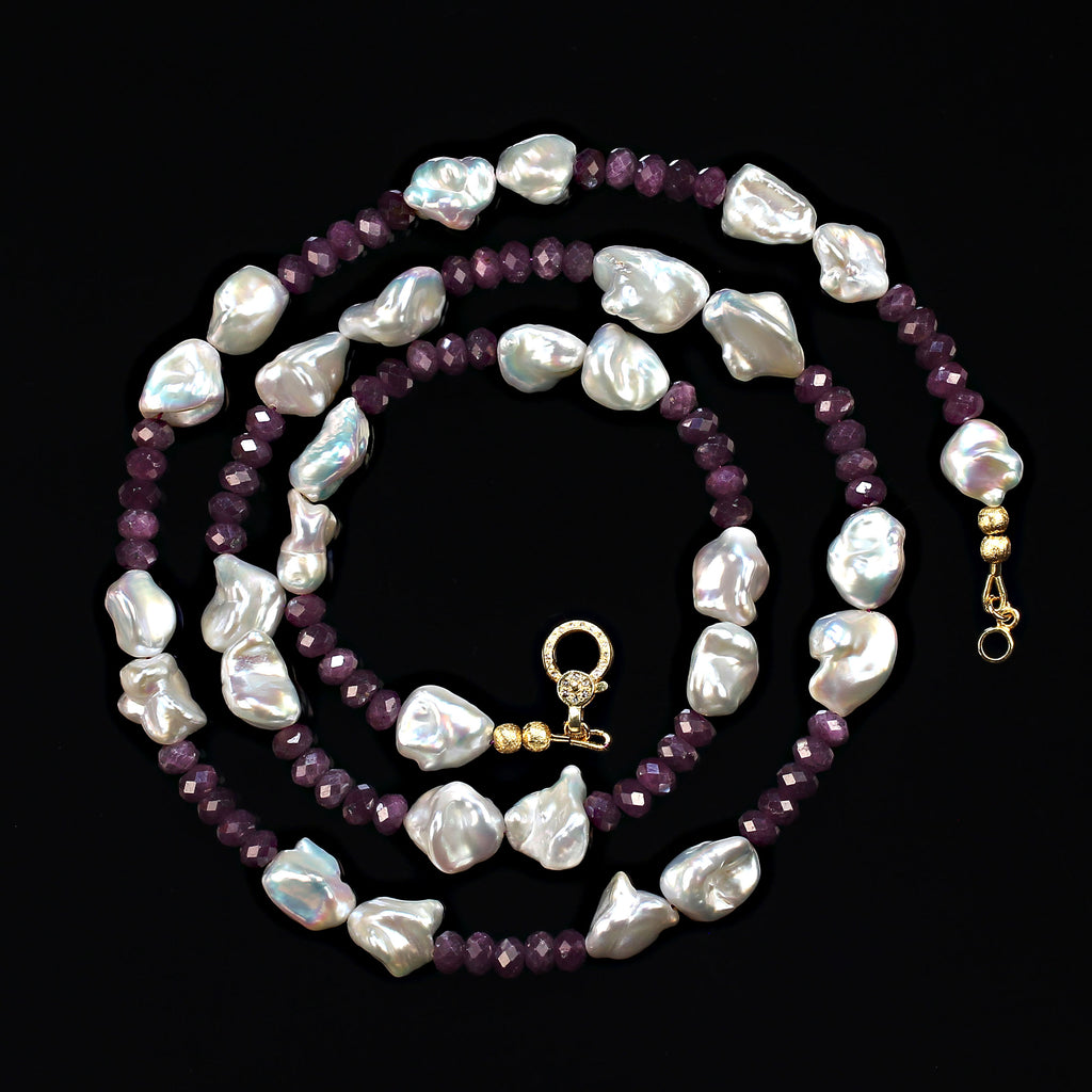 30 Inch Unique White Pearl and Matte Rondelle Ruby Necklace