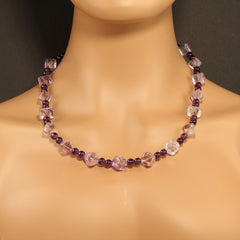 Rose of France Cubes and 6MM Amethyst in a 21 Inch Necklace