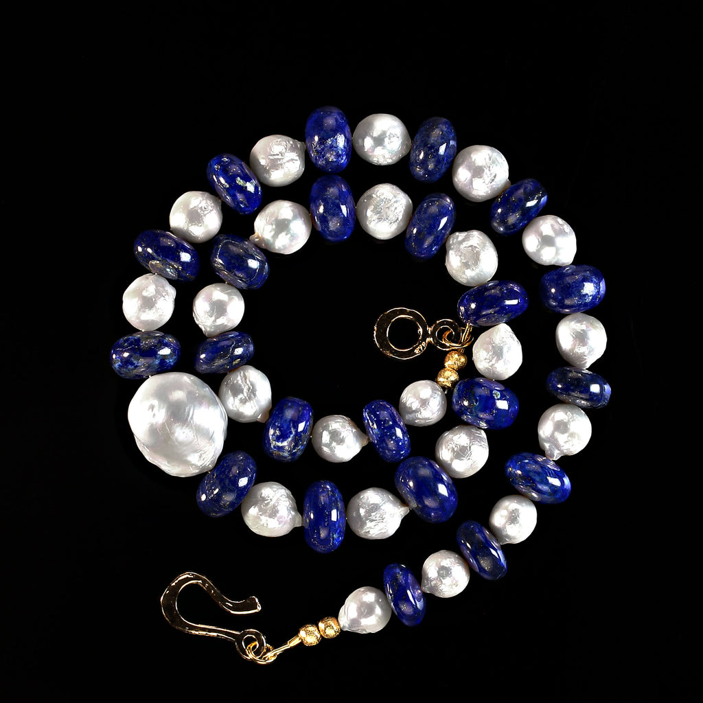 Elegant White Pearl and Blue Lapis Lazuli 20 Inch Necklace
