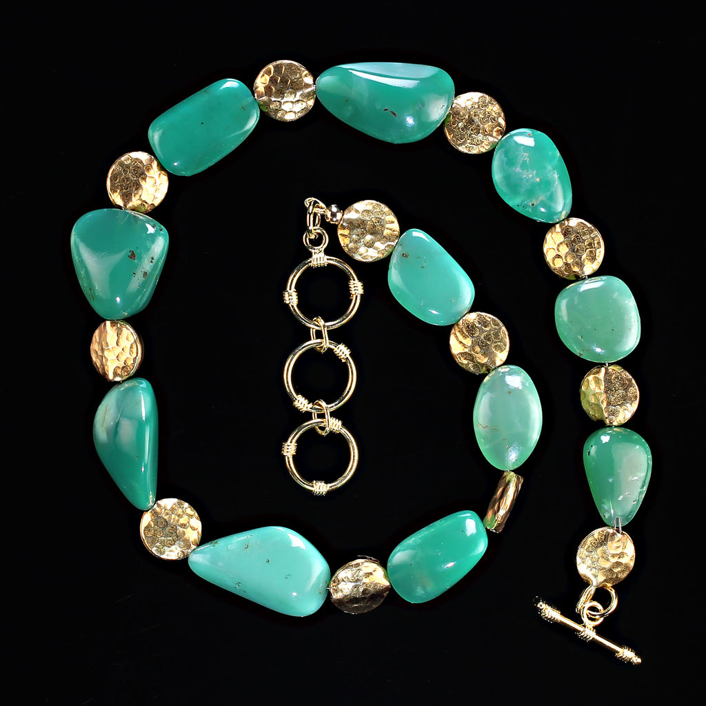18 Inch Magnificent Chrysoprase Nugget Necklace with goldy accents