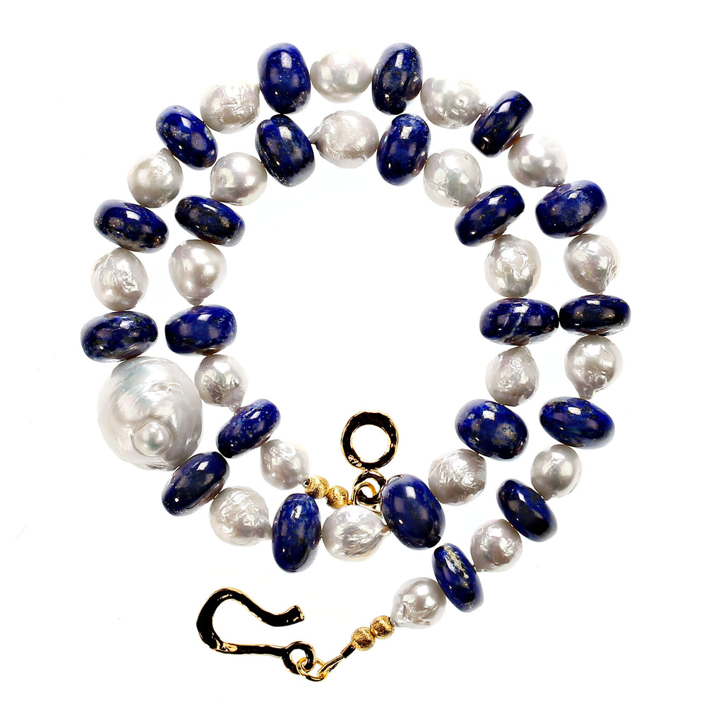 Elegant White Pearl and Blue Lapis Lazuli 20 Inch Necklace