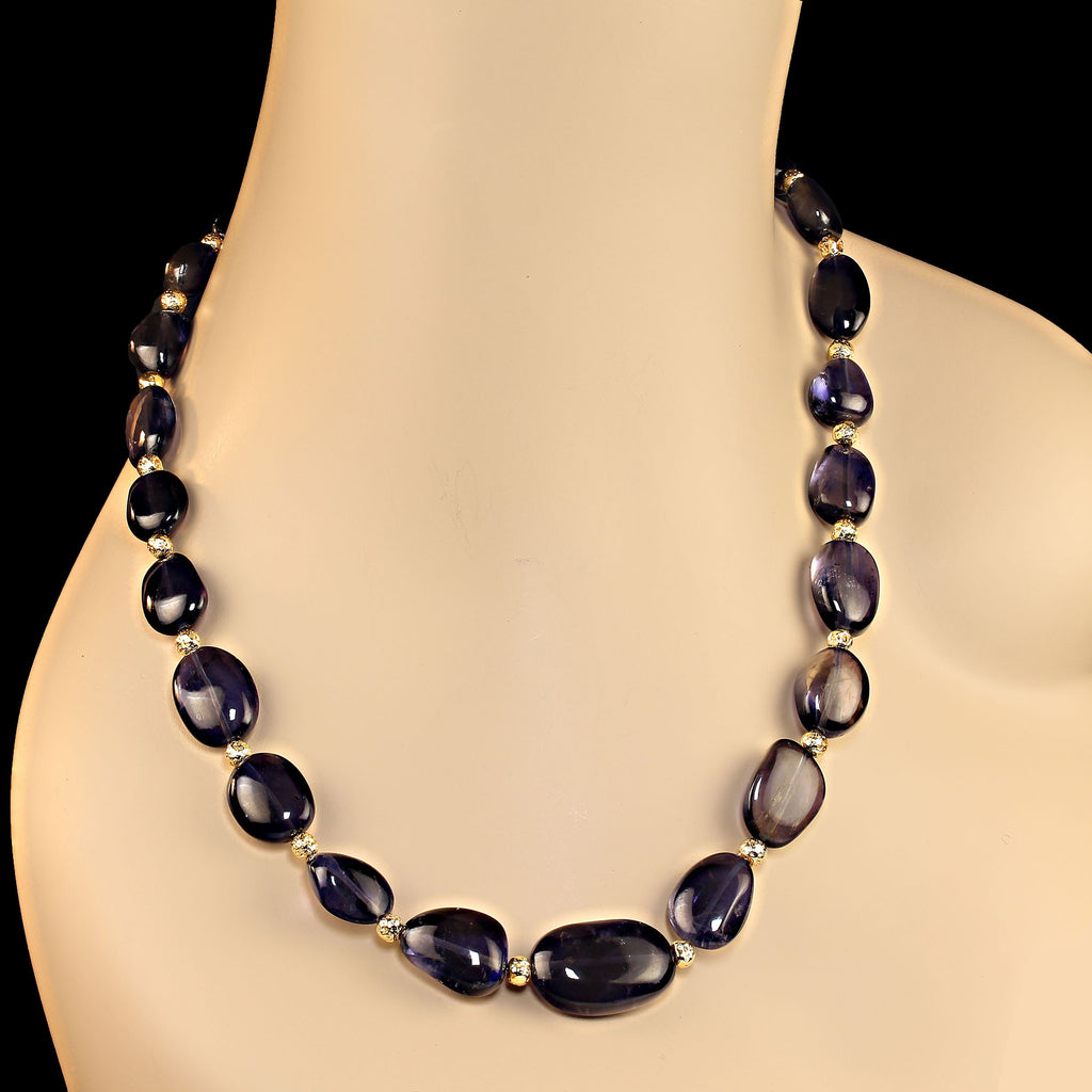 Exquisite and unique 25 Inch necklace ofTransparent Blue Iolite with Goldy accents