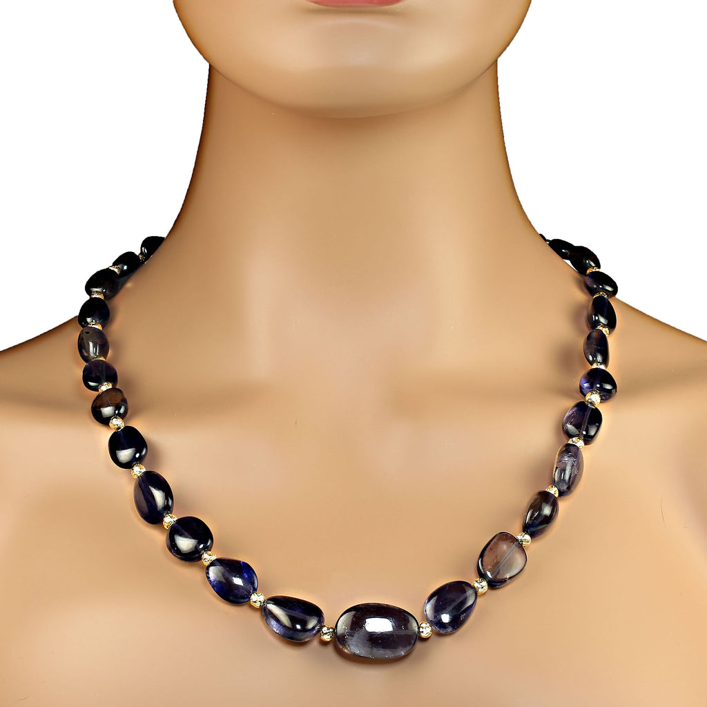 Exquisite and unique 25 Inch necklace ofTransparent Blue Iolite with Goldy accents