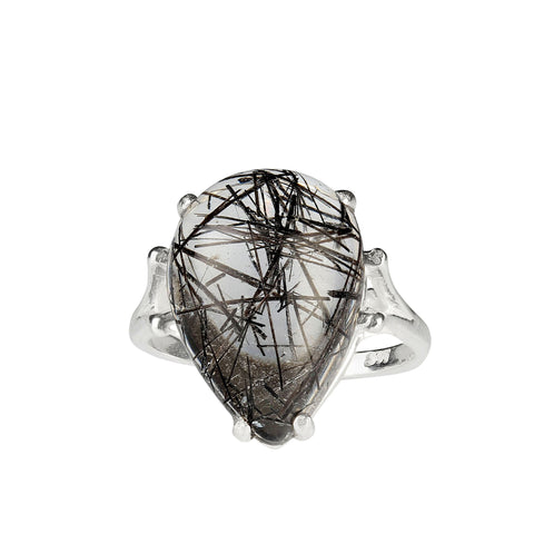 Tourmalinated Quartz Pear shaped cabochon in Sterling Silver Ring