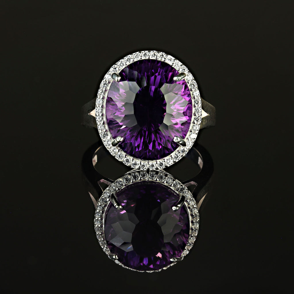 Elegant Evening Cocktail Ring of Amethyst and Sparkling Zircons