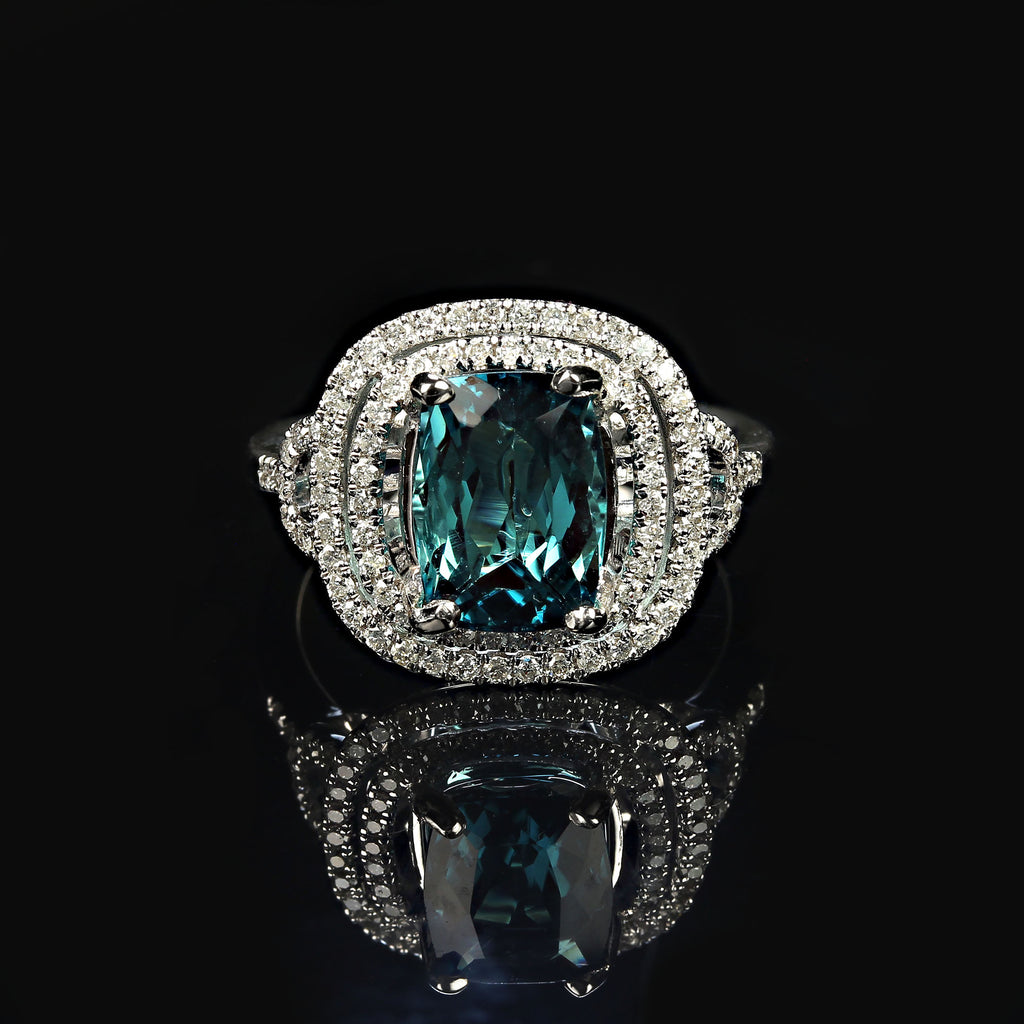 Rare Indicolite Blue Tourmaline in Halos of Diamonds Ring