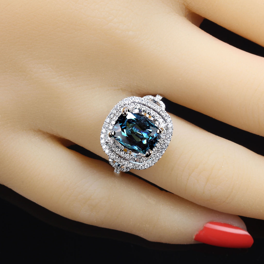 Rare Indicolite Blue Tourmaline in Halos of Diamonds Ring