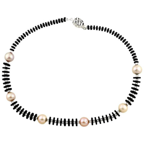 Stunning elegance of Black Onyx and peachy Pearls necklace