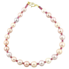 Splendid Peach Pearls and Pink Tourmaline Gemstones Necklace