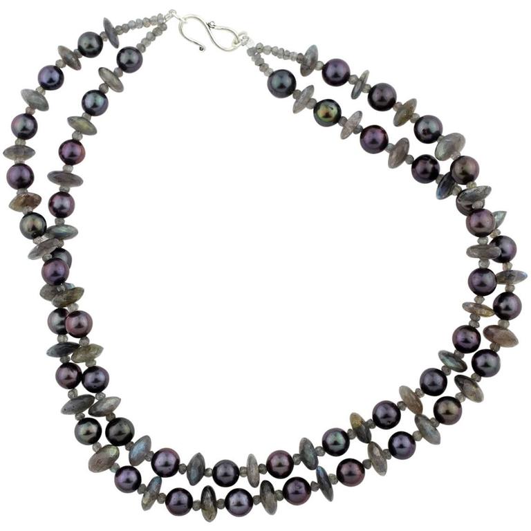 Stunning Aubergine Pearl Necklace with sparkling Labradorites
