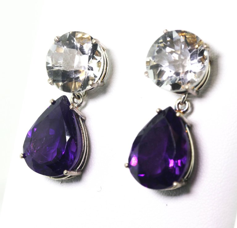 Silvery White Quartz and Amethyst Sterling Silver Stud Earrings