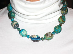 Natural Peruvian Blue Opal Rock Necklace With Silver Tone Clasp