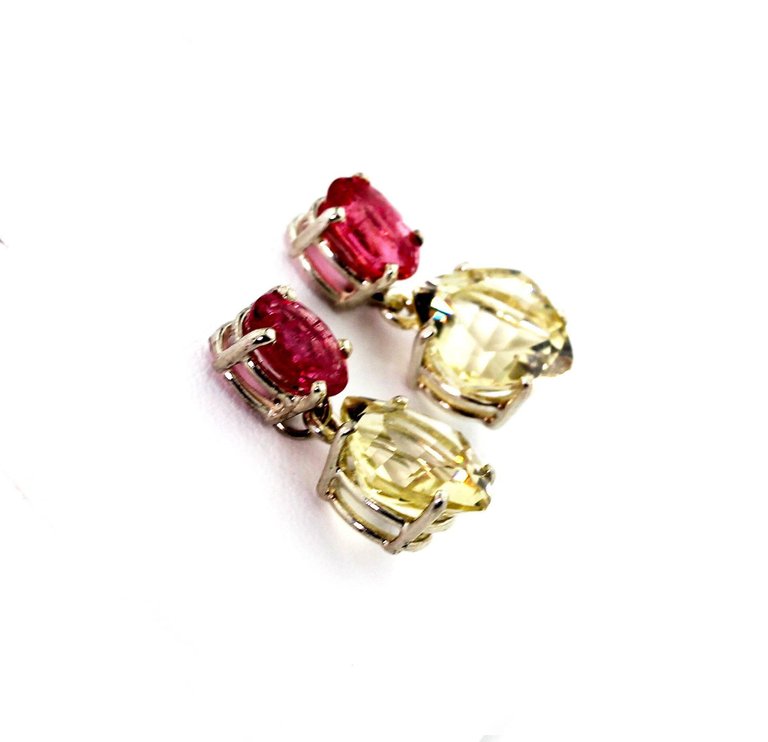 Pink Tourmaline and Yellow Labradorite Sterling Silver Dangle Earrings