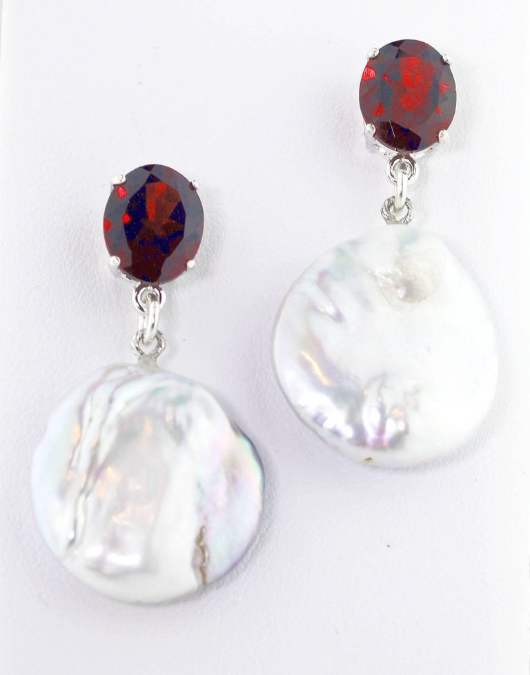 Red Garnet and White Coin Pearl Sterling Silver Stud Earrings
