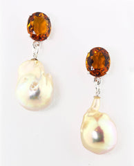 Citrine and Dangling Goldy Pearl Sterling Silver Stud Earrings