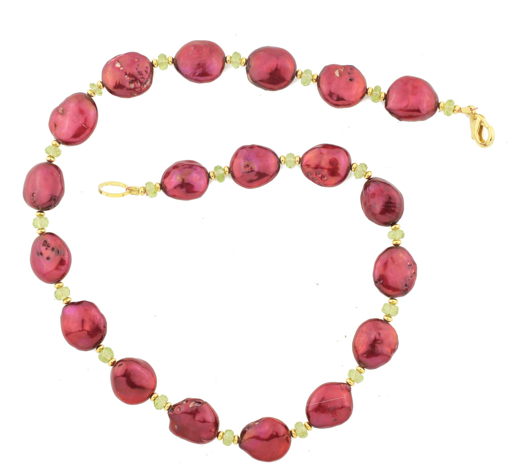 Brilliant Wine Red Oval Pearls and Peridot Necklace