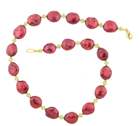 Brilliant Wine Red Oval Pearls and Peridot Necklace
