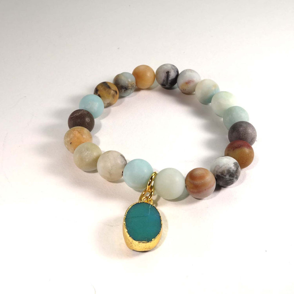 Multi Color frosted matte Amazonite Elastic Bracelet with Druzy Dangle