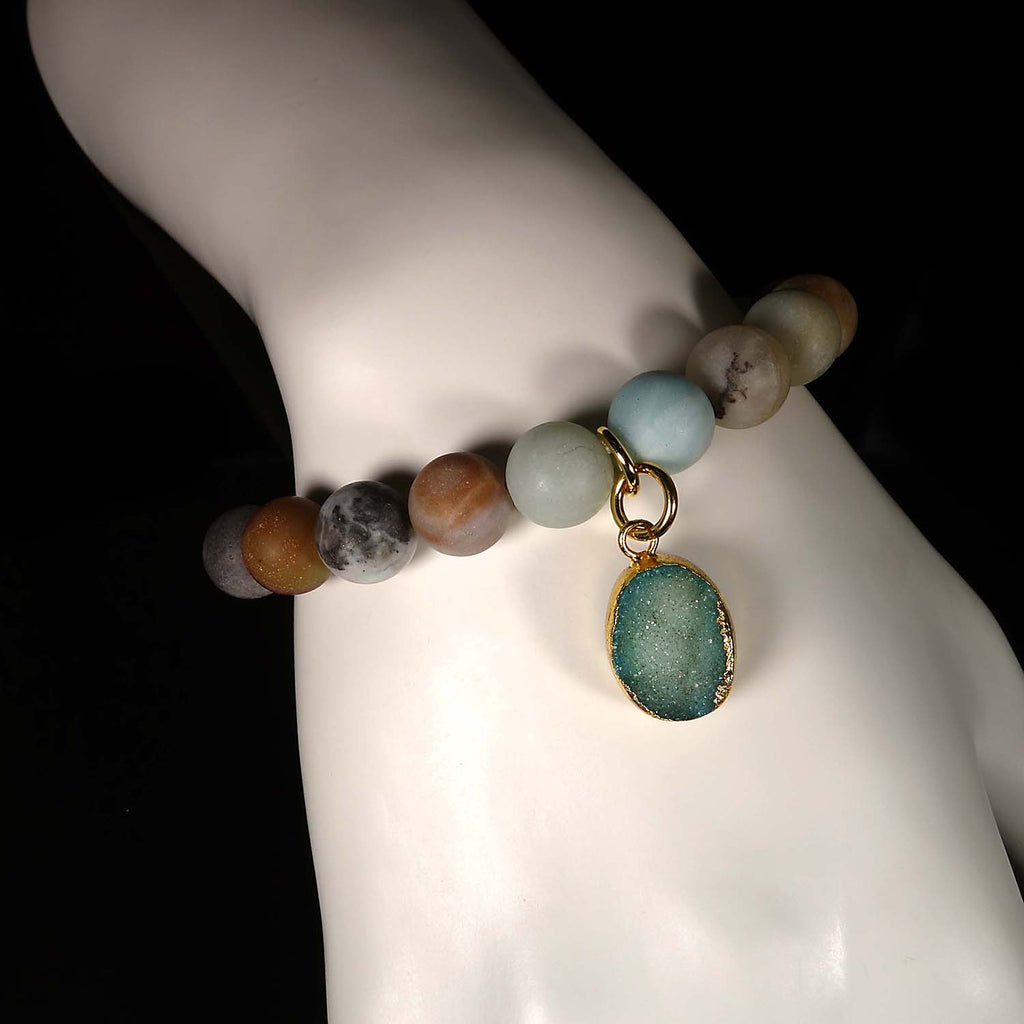 Multi Color frosted matte Amazonite Elastic Bracelet with Druzy Dangle
