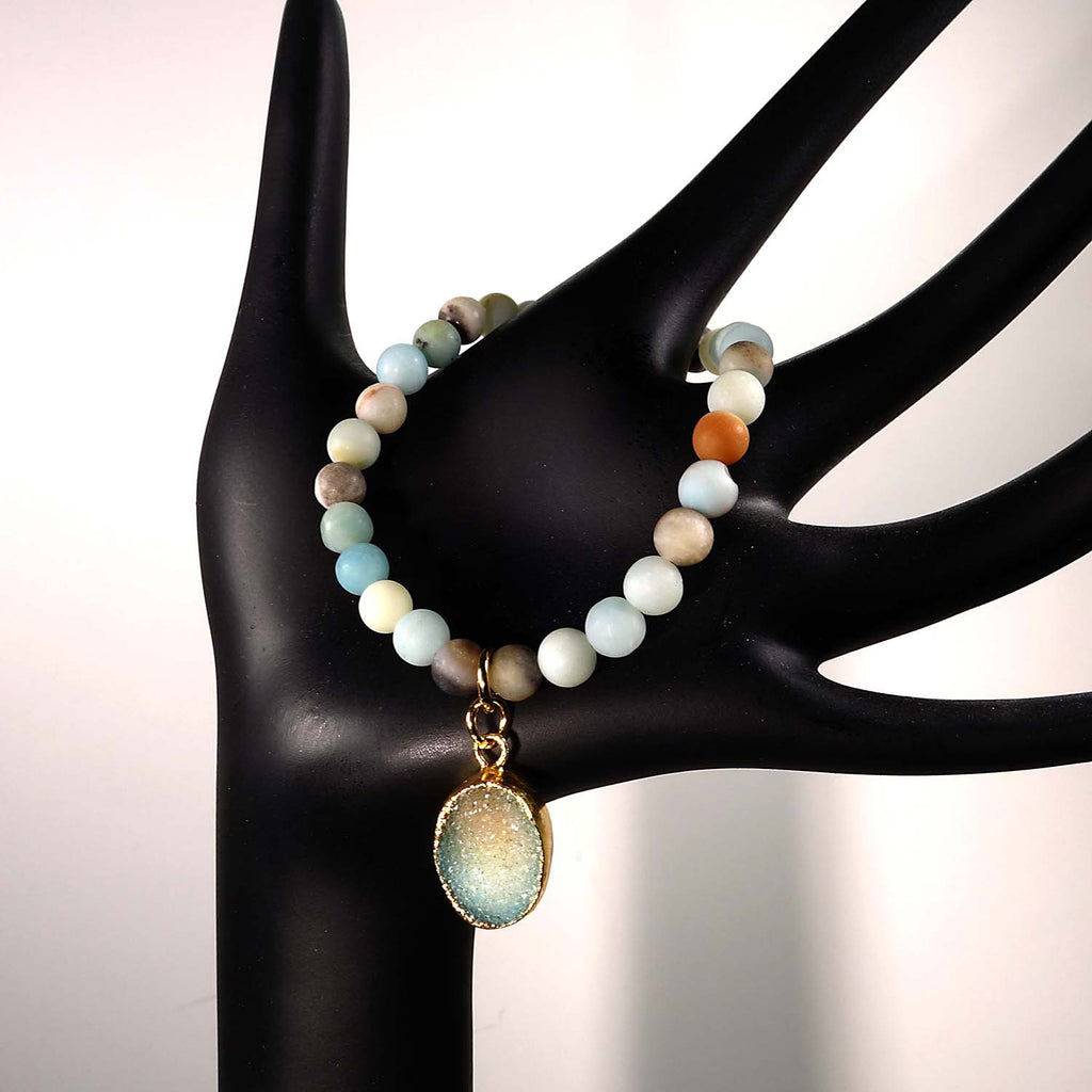 6 MM Multi color frosted matte Amazonite elastic bracelet with Druzy dangle