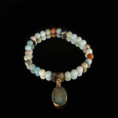 6 MM Multi color frosted matte Amazonite elastic bracelet with Druzy dangle