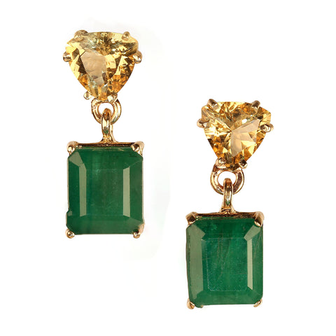 Bold Emerald and Golden Beryl 14K Yellow Gold Earrings