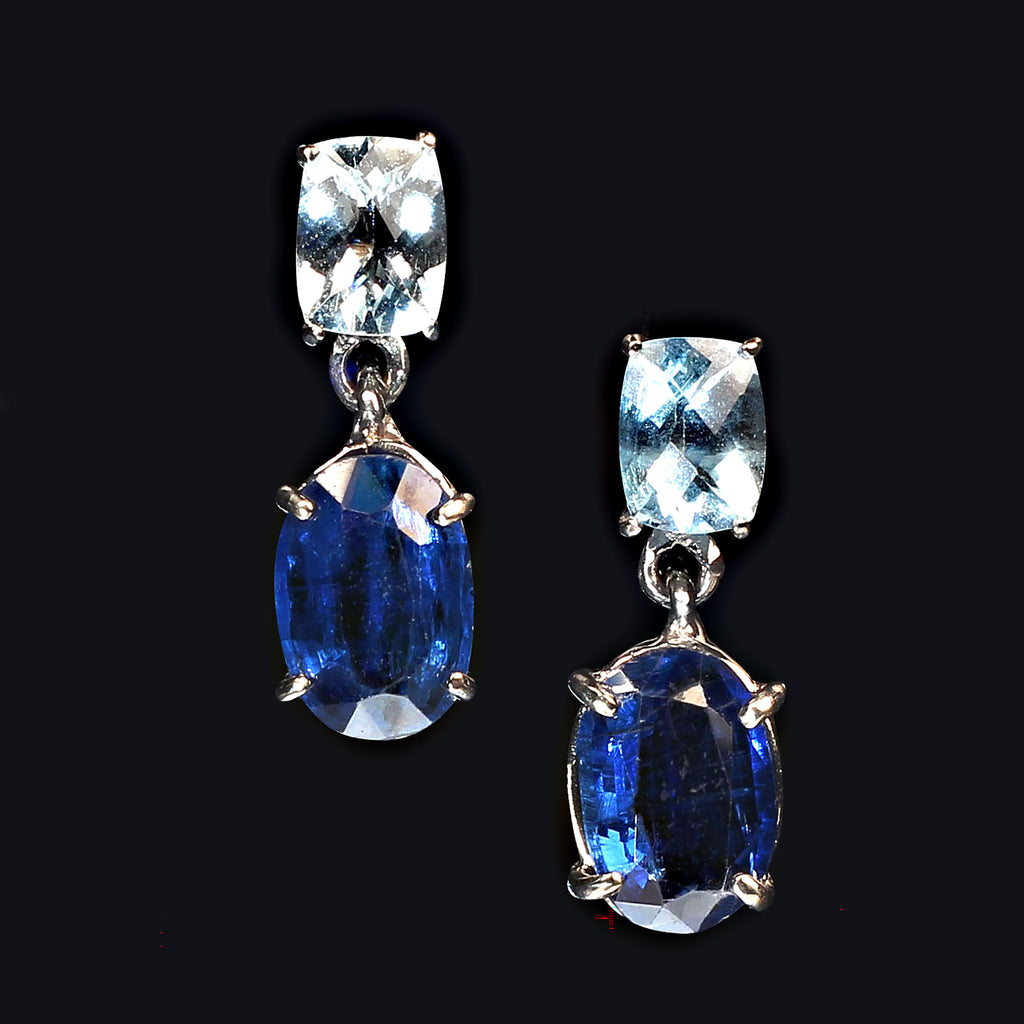 Aquamarine ovals and Blue Kyanite in 14K White Gold Earrings