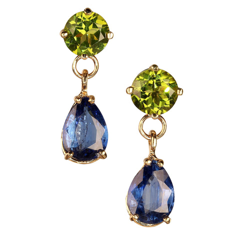 Elegant Peridot and Kyanite Dangle Earrings in 14K Yellow Gold