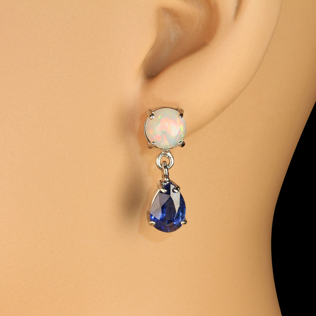 Elegant Blue Kyanite and Opal Dangle Earrings in 14K glowing white gold