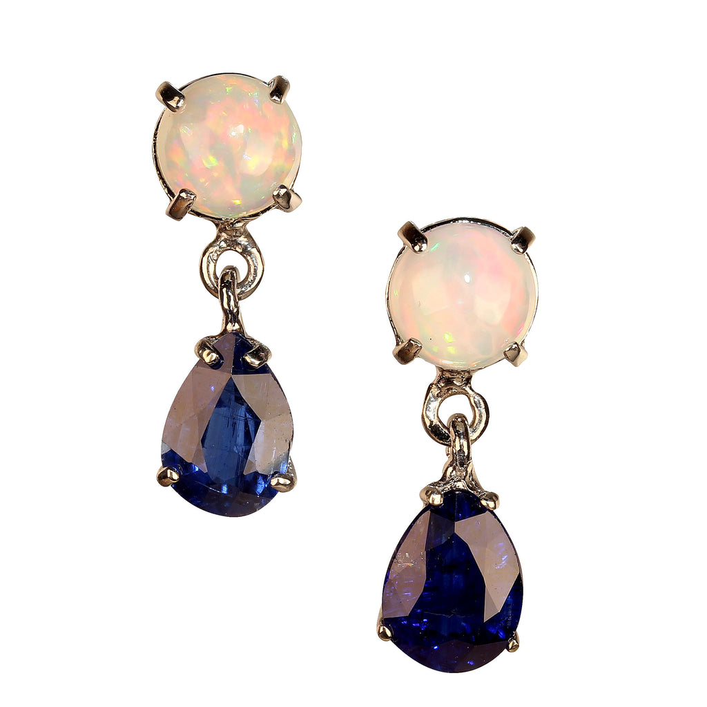 Elegant Blue Kyanite and Opal Dangle Earrings in 14K glowing white gold