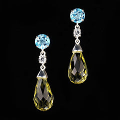 Elegant Dangle Lemon Quartz and Blue Topaz Sterling Silver Earrings