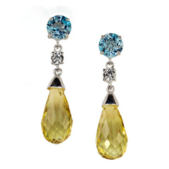 Elegant Dangle Lemon Quartz and Blue Topaz Sterling Silver Earrings