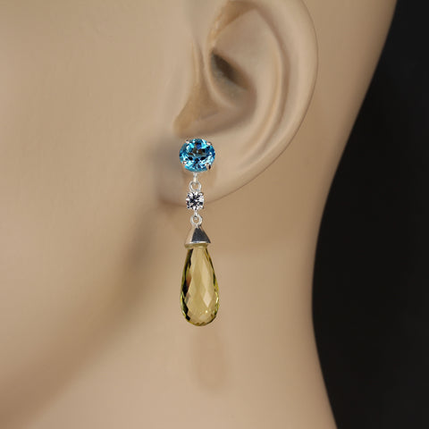 Sparkling Blue Topaz and Lemon Quartz Dangle Earrings