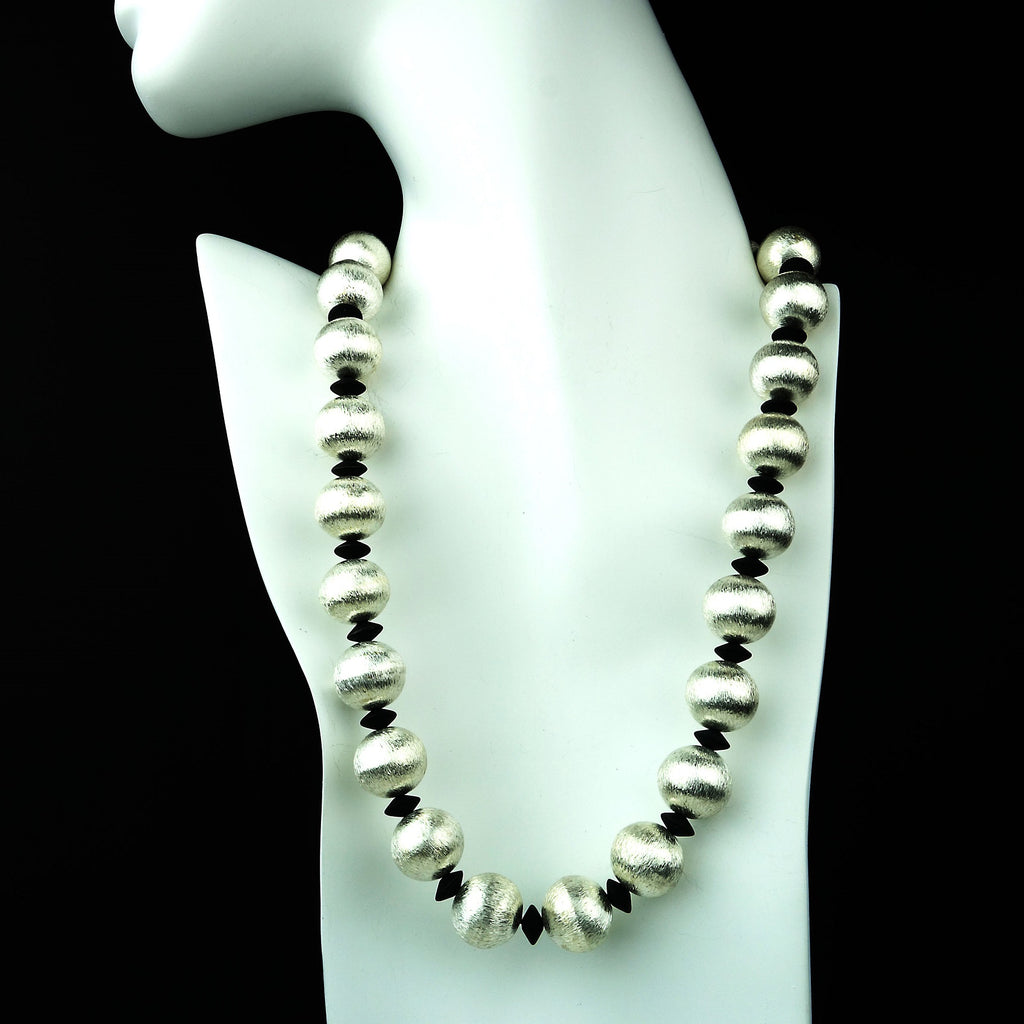 Silver Tone beads and Black Onyx Rondelles Necklace