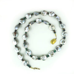 22 Inch Silvery Coin Pearls and Black Opal Necklace