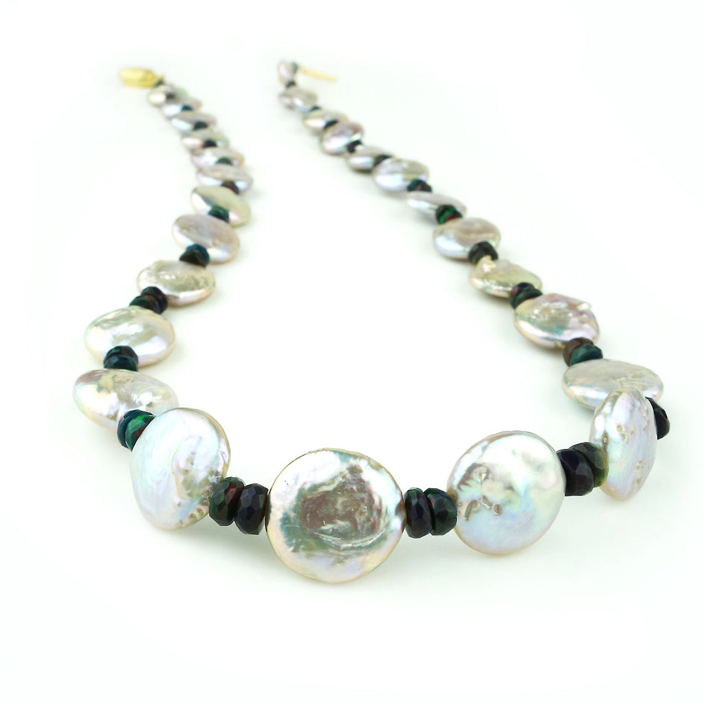 22 Inch Silvery Coin Pearls and Black Opal Necklace