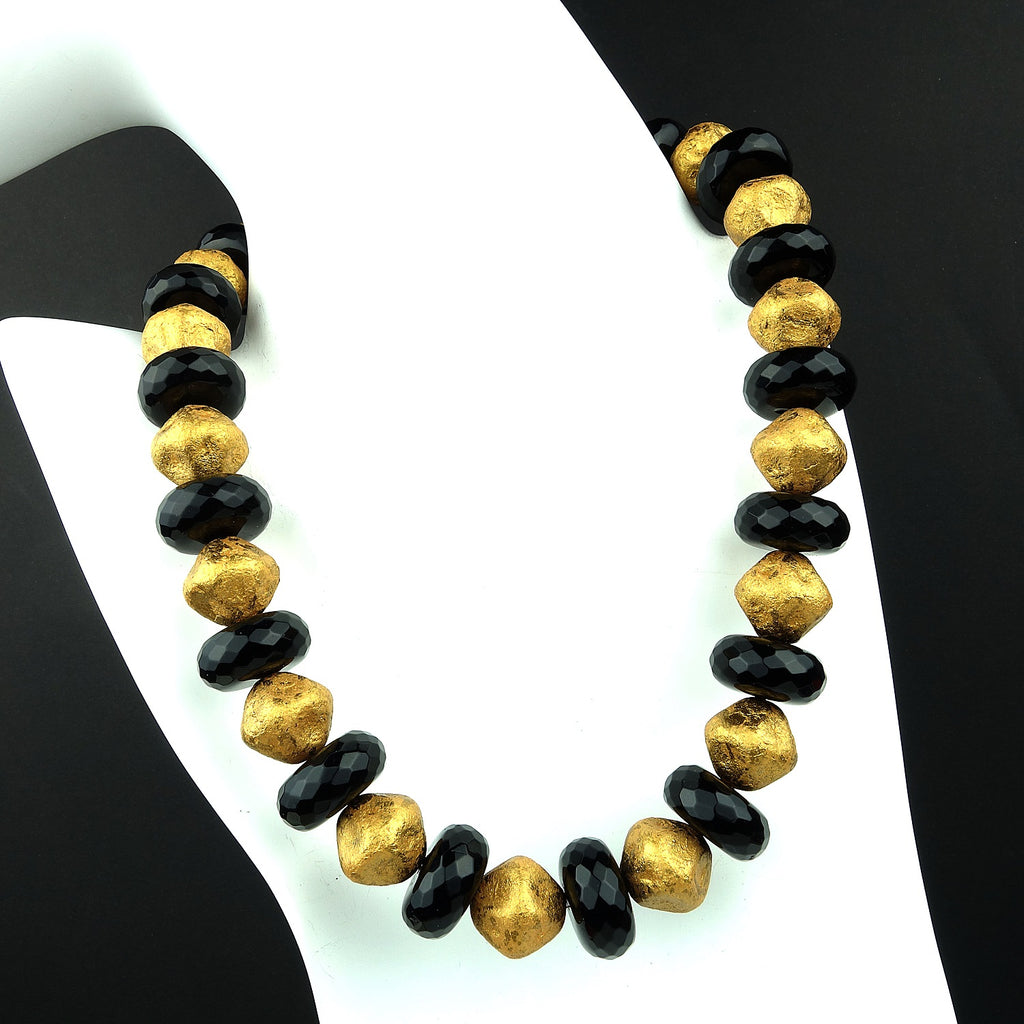 Elegant Black Onyx and Antique Gold Bead Necklace
