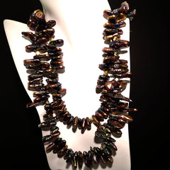 Double strand of Bronzy Iridescent Triangular Pearls with Goldy Accents