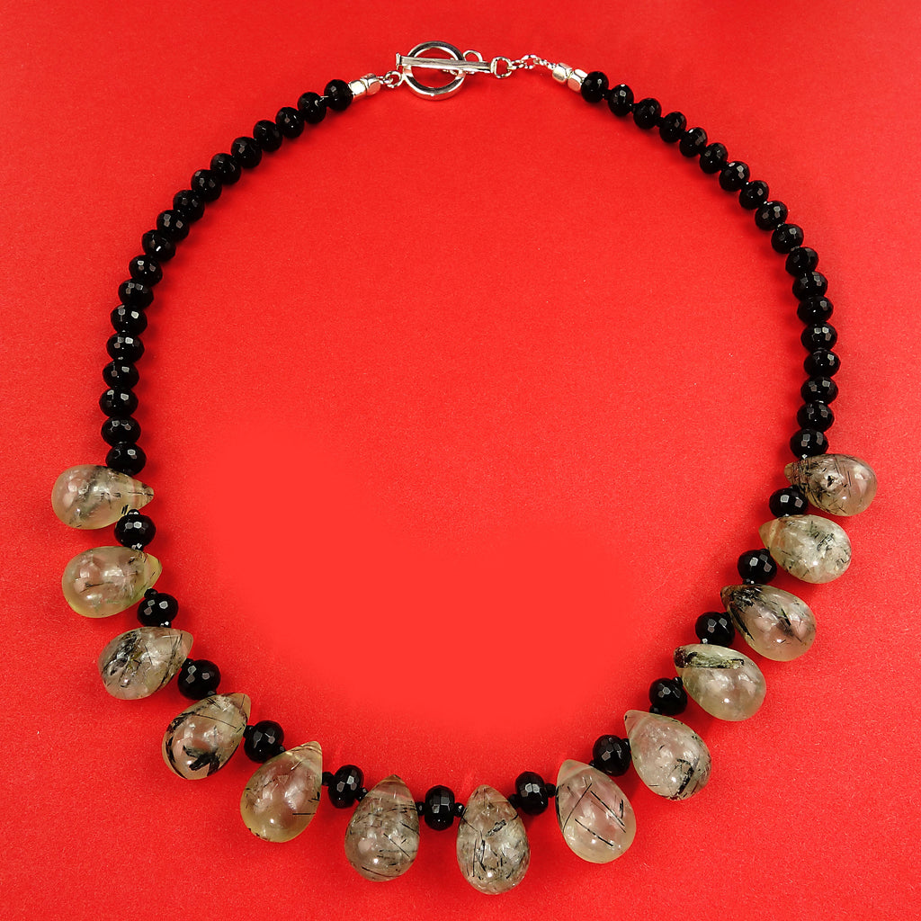 17 Inch Green Prehnite and Black Onyx Necklace
