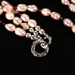 Three strand mauve Pearl and rhodolite Garnet necklace with Sterling Clasp
