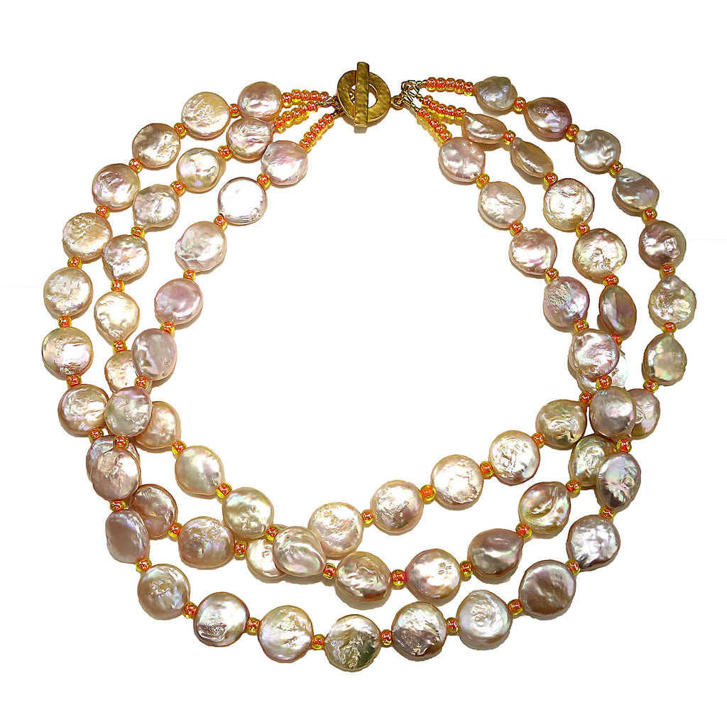 Triple strand Coin Pearl necklace in peachy/pink with peach accents