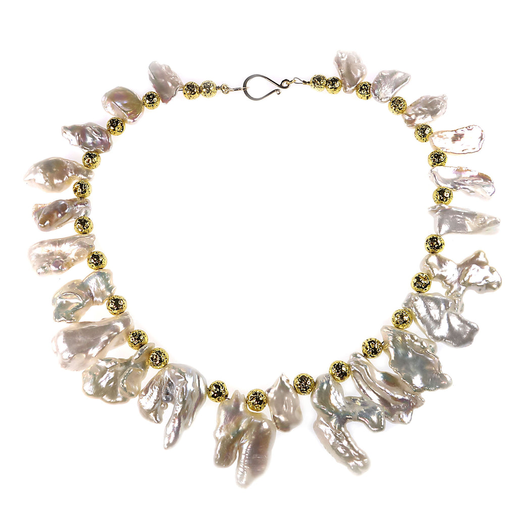 White Free form Baroque Pearls with Gold Accents Choker Necklace