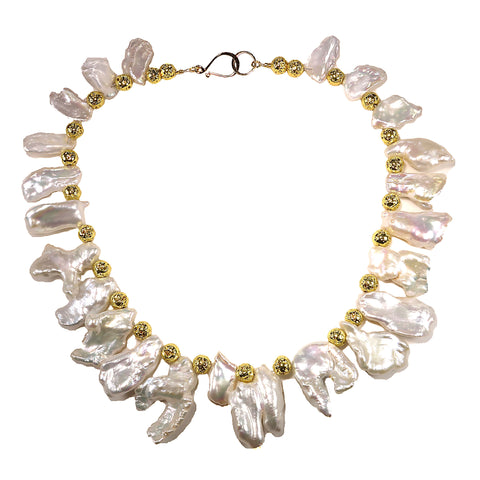 White Free form Baroque Pearls with Gold Accents Choker Necklace
