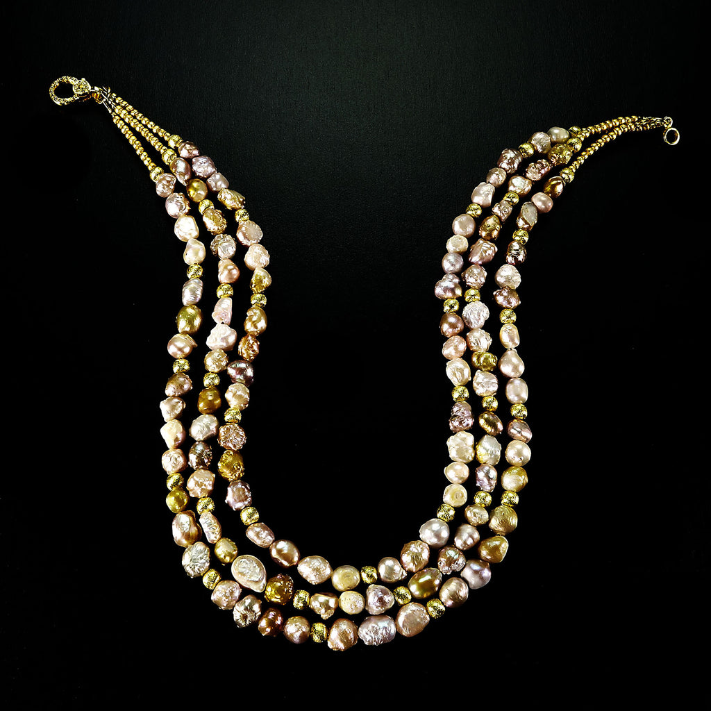 Triple strand Choker of Rosebud Multi color Pearls with goldy accents