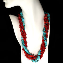 21 Inch Triple strand necklace of Southwest Style Red Coral and Hubei Turquoise