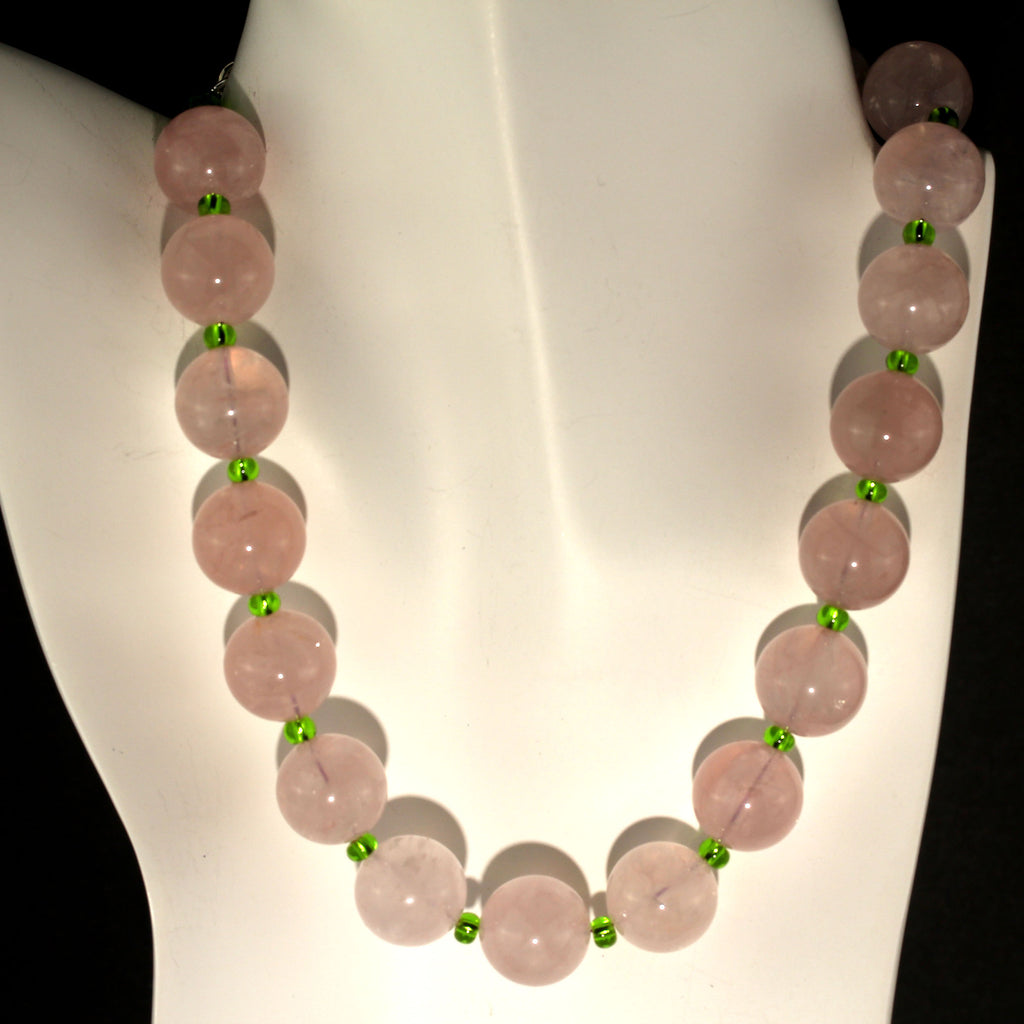 Elegant Rose Quartz and Green Czech bead necklace