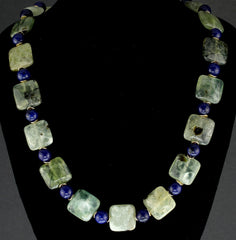 24 Inch Glowing Green Prehnite with Blue Agate Necklace