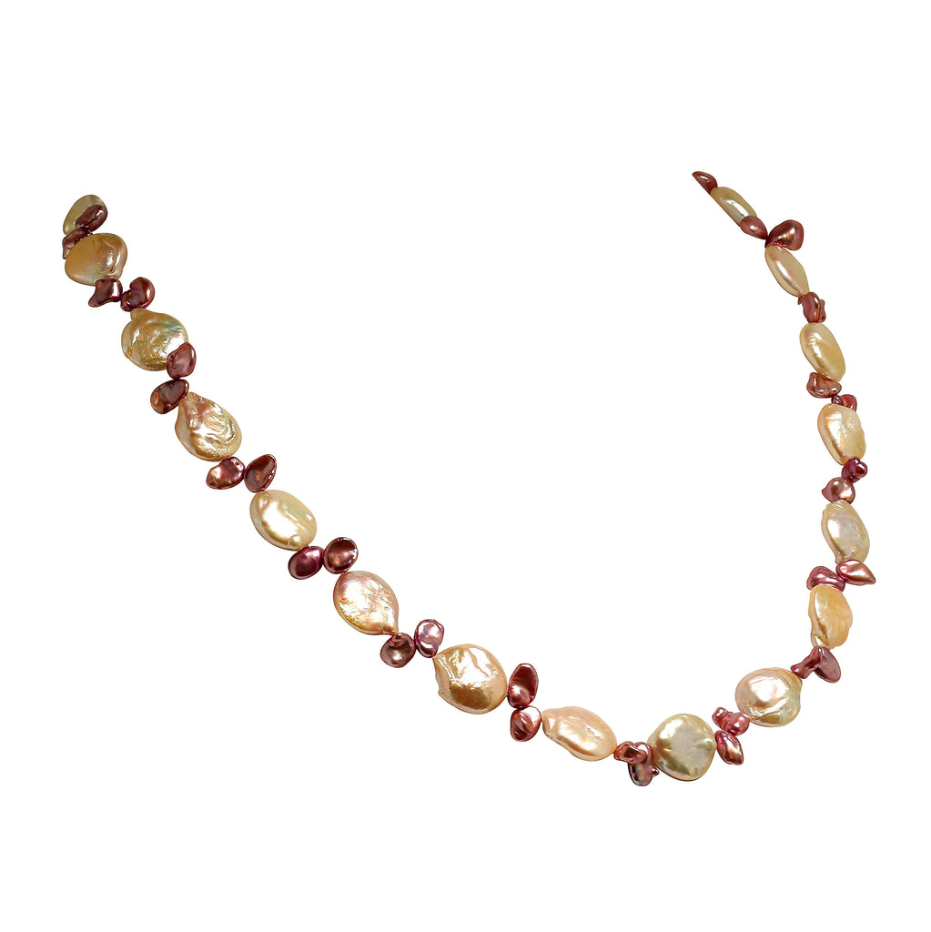 27 Inch Peachy Coin Pearl and Mauve Briolette Pearl Necklace